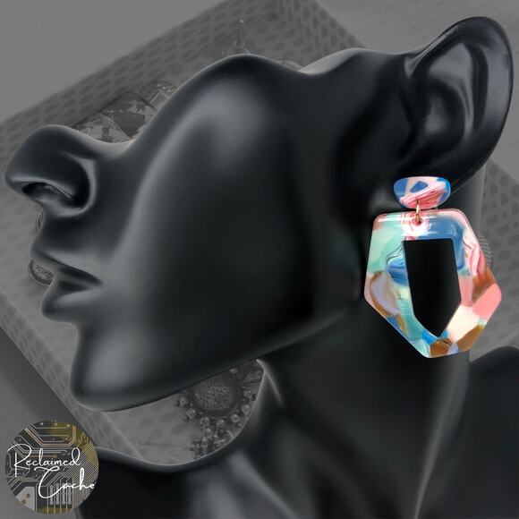 Pastel Multicolor Tortoise Shell Geometric Hoop Drop Earrings - Picture 1 of 4